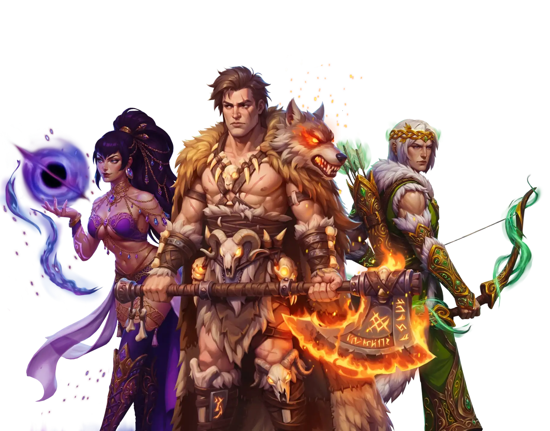 Three Ligmar Online heroes: a sorceress with a void orb, a barbarian with a flaming axe and a wolf, and an elven archer