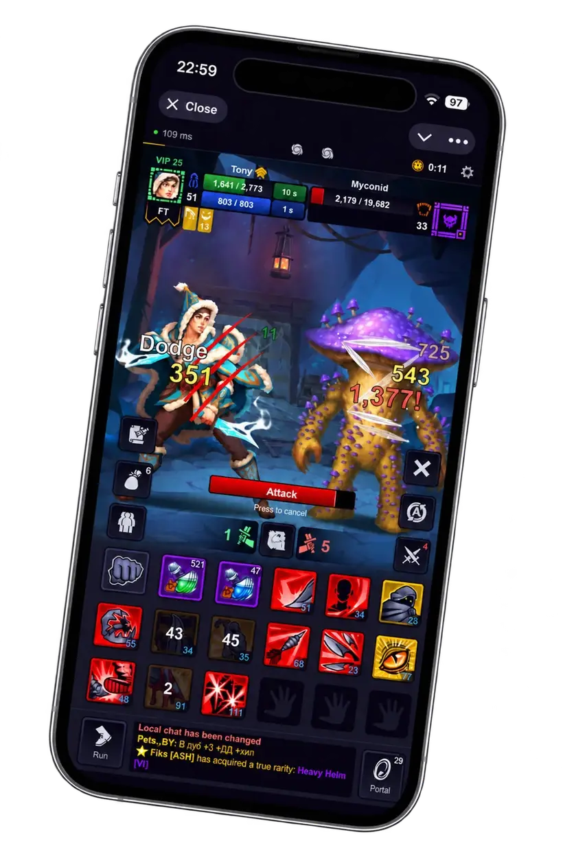 Ligmar Online battle on a phone: a hero fights a Myconid with critical damage numbers