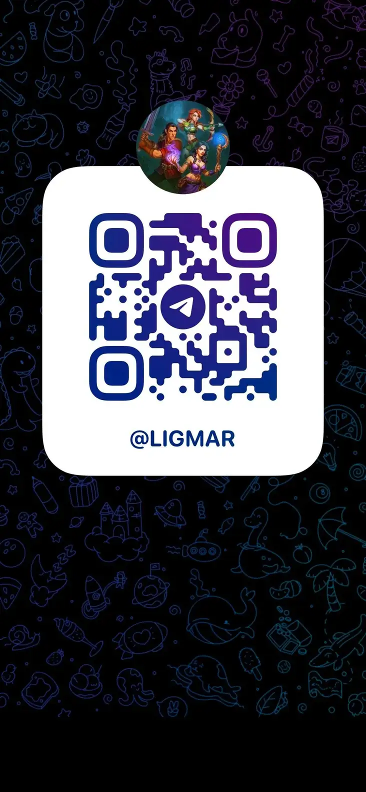 QR code for the @ligmar Telegram channel shown on a smartphone